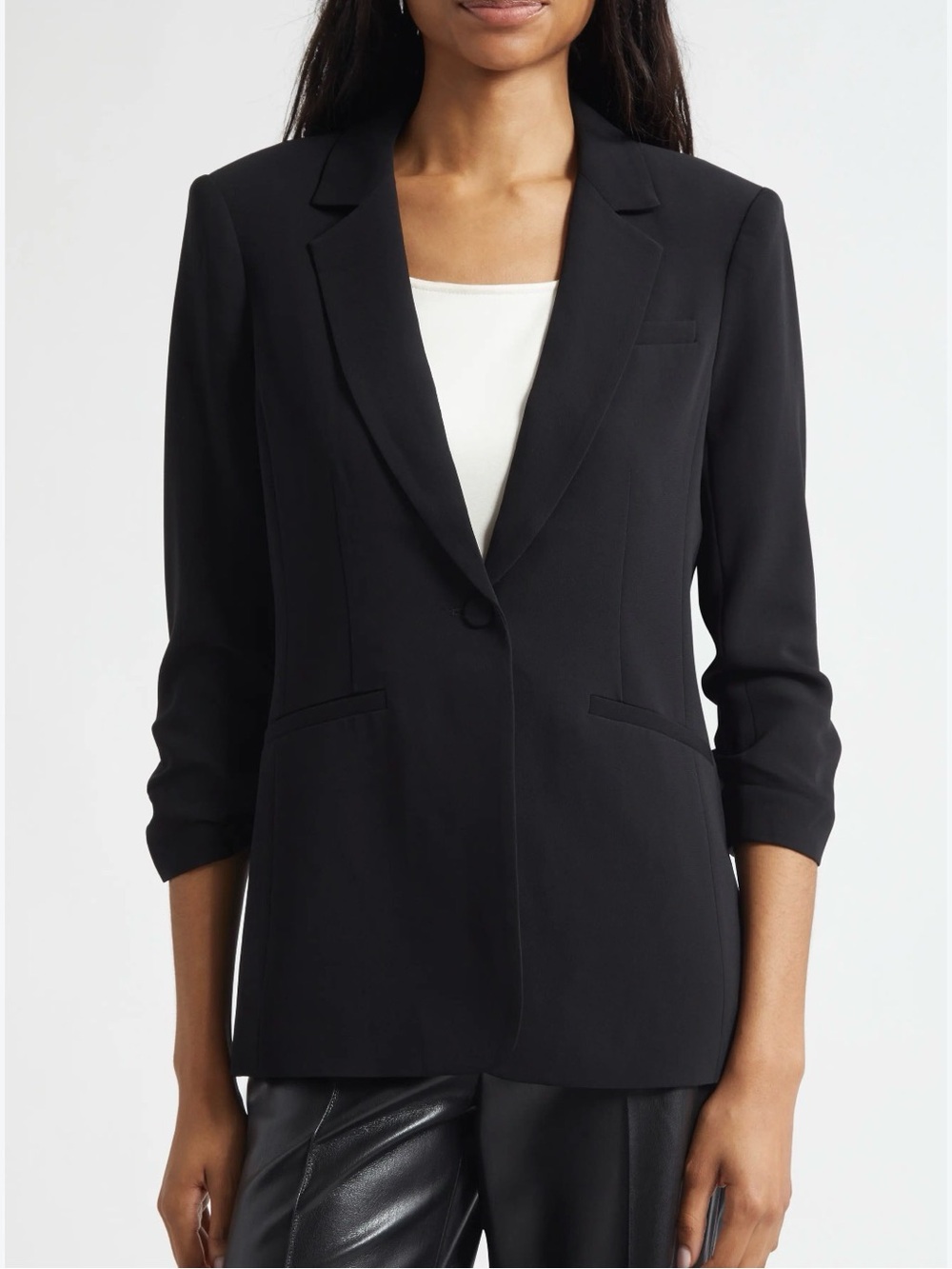 Cinq à Sept Khloe Ruched Sleeve Blazer Black  3/4 Sleeve Size 10 Office Classy